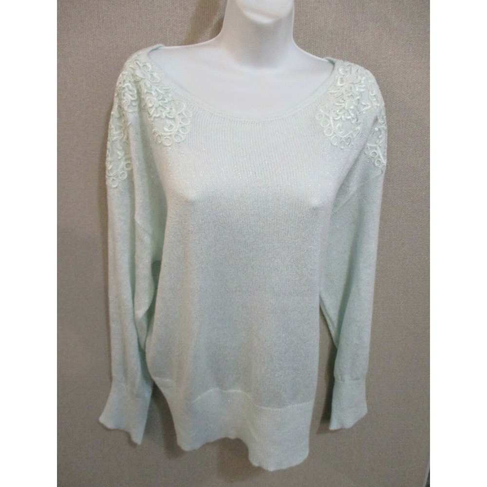 VTG ELLE Sweater Size XL Sparkly Pale Pastel Green Appliqued Drop Shoulder